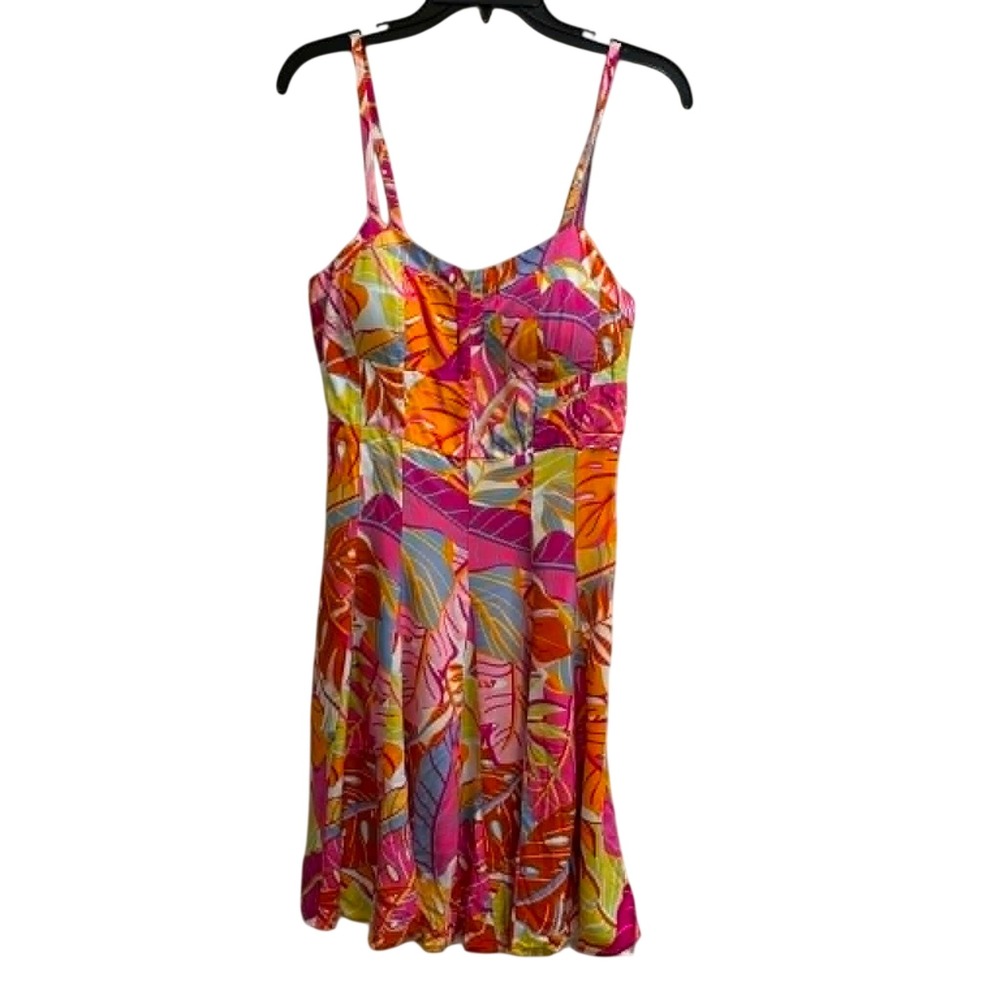 Jolie & Joy Dress Womens L Pink Orange Tropical Palm Print Smocked StrappyResort